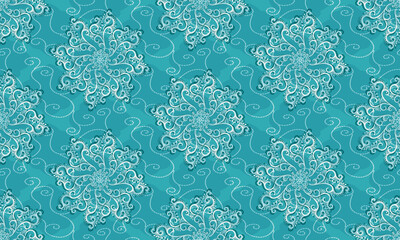 Vector blue seamless Christmas hand drawn pattern with white lacy snowflakes