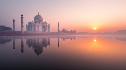 Fototapeta premium Serene Sunrise at the Taj Mahal Reflection
