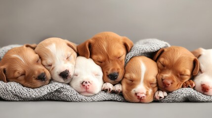 Seven adorable puppies snuggled together, sleeping on a soft blanket.