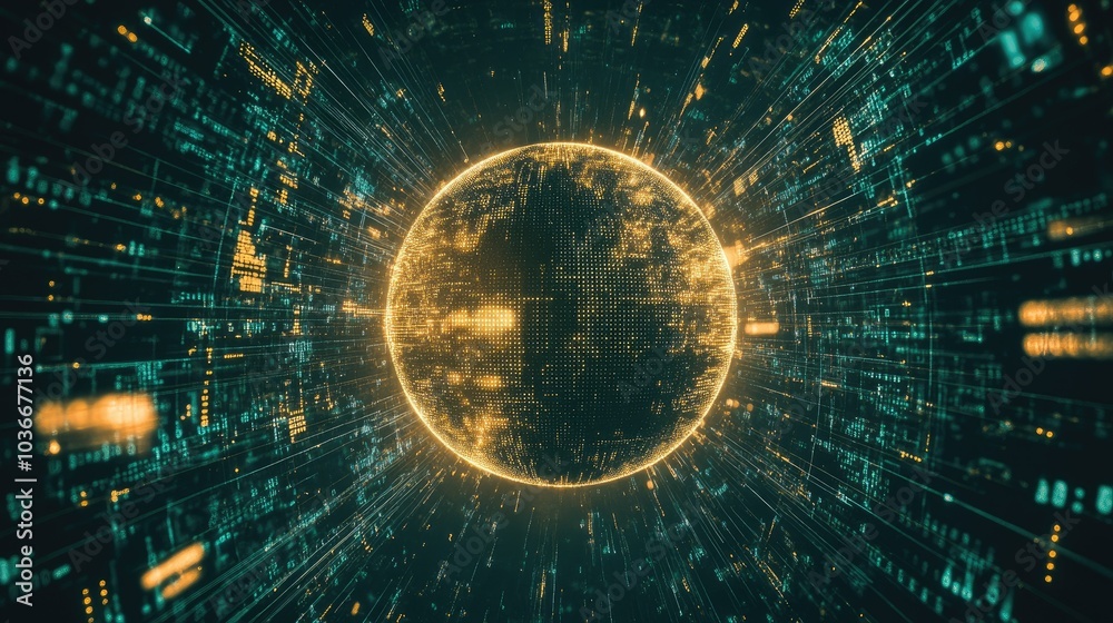 Poster digital globe surrounded by binary code and data waves
