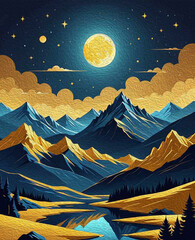 Oil painting . Mountain landscape . Pattern to print for wall decorations.