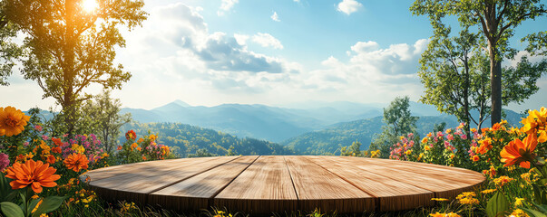 Round wooden platform on a sunny hilltop surrounded by colorful flowers