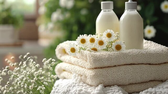 A soft image of natural fabric softeners being used in laundry, with organic ingredients providing gentle care.