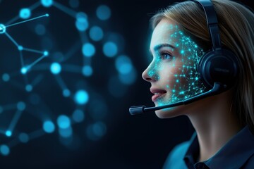 Innovative woman engages in virtual communication with digital overlay at night. Generative AI