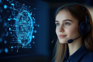 A young woman engages with digital technology while analyzing data in real time. Generative AI