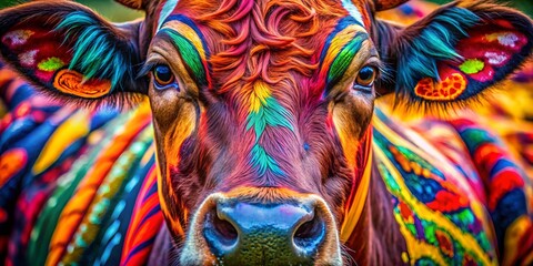 Fototapeta premium Dynamic macro shots capture a pop art cow bursting with vibrant colors and patterns, delivering stunning visual appeal that captivates and delights the viewer’s senses.
