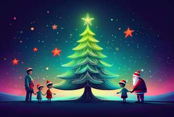 クリスマスツリーと子供たち、サンタクロースと共に