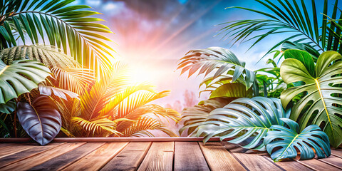 The wooden floor is used to stand the product. The background is a tropical forest. Blurred pink background, sunlight