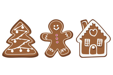 Set of gingerbread cookies. Christmas biscuits.Winter homemade xmas sweets in shape of Gingerbread man, home, winter tree. Vector Illustration