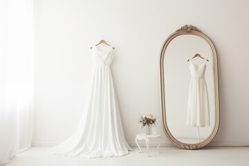 A sleek, frameless mirror in a white dressing room with subtle lighting, white dress hanging on wall ,surrounded by minimal furniture and a soft carpet, evoking elegance and simplicity.