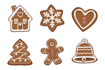 Set of gingerbread cookies. Christmas biscuits.Winter homemade xmas sweets in shape of Gingerbread man, home, heart, winter tree, bell, and snowflake. Vector Illustration