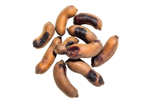 Tamarind tropical fruits isolated on white background. Fresh ripe dryed Tamarind fruits (Tamarindus indica, Indian date), healthy vegan food. Top view, flat lay.