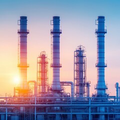 Fototapeta premium Sunrise Over Industrial Skyline Pipes and Towers Against a Colorful Horizon