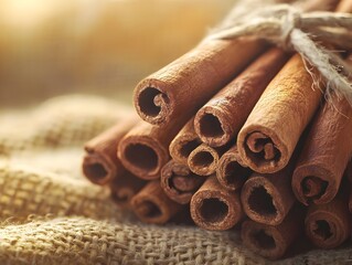 Closeup of Hand Tied Bundles of Fresh Cinnamon Sticks on Coarse Burlap with Warm Lighting