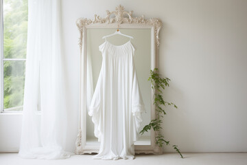 A sleek, frameless mirror in a white dressing room with subtle lighting, white dress hanging on wall ,surrounded by minimal furniture and a soft carpet, evoking elegance and simplicity.