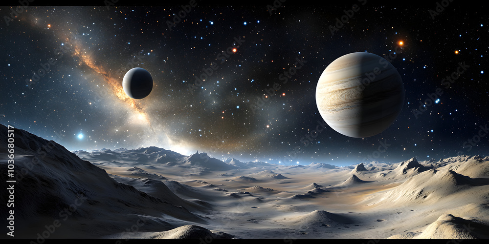 Wall mural a space scene with a large planet in the background and a smaller planet in the foreground. the sky 