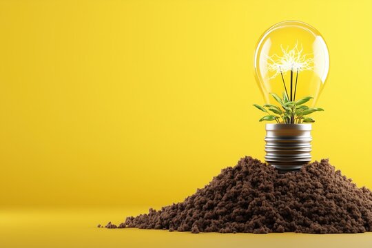 Innovative plant growth in a light bulb against a vibrant yellow background. Generative AI