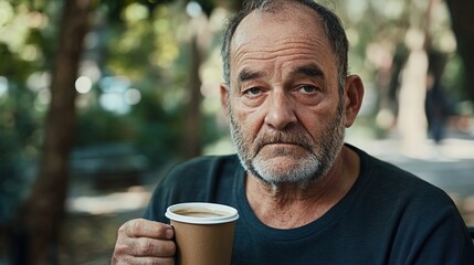 Middle-aged man with slight tremor holding cup of coffee on park bench, symbolizing struggle with Parkinson's disease, calm natural setting.
