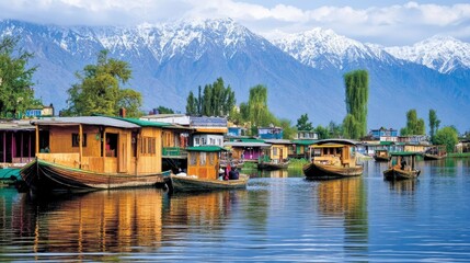 Fototapeta premium Scenic Landscape of Houseboats in Serene Lake Area