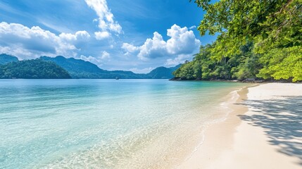 Fototapeta premium Serene Tropical Beach with Clear Blue Water and Clouds