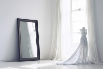 A sleek, frameless mirror in a white dressing room with subtle lighting, white dress hanging on wall ,surrounded by minimal furniture and a soft carpet, evoking elegance and simplicity.