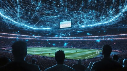 A large crowd of people watching a football match in a stadium with a futuristic digital network overlay. - Powered by Adobe