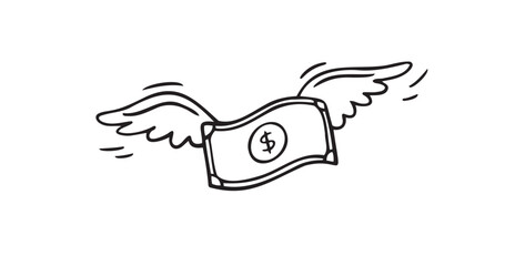 Dollar Inflation Doodle hand drawn icon with wings. illustration of a money with wings soaring up high.