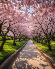 Obraz premium cherry blossom path, sakura trees, springtime beauty, floral walkway, pink blossoms, nature's beauty, picturesque scenery, blooming trees, serene environment, outdoor beauty, cherry blossom season, tr