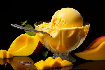 A scoop of smooth mango ice cream placed in a small white bowl, with fresh mango cubes neatly arranged on the side, shot on a plain white background
