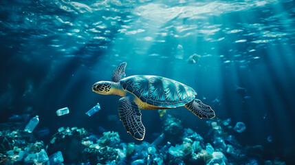 A green sea turtle gliding gracefully through vibrant coral reefs in clear tropical waters, showcasing the richness of marine life