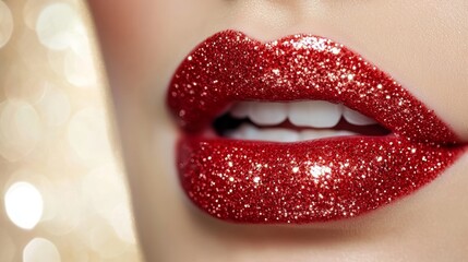 Fototapeta premium Close-Up of Plump, Red Glitter Lips with White Teeth, Perfect Makeup for a Festive Occasion.