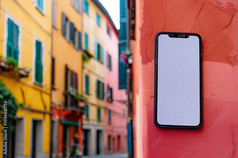 Wall mural realistic pov capture showing a hand holding a mobile phone with a blank white screen open to a mess