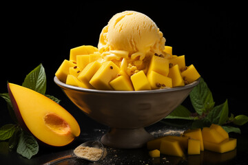 A scoop of smooth mango ice cream placed in a small white bowl, with fresh mango cubes neatly arranged on the side, shot on a plain white background