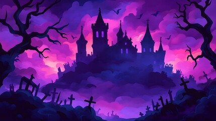 A mystical castle looms under a vibrant purple sky, surrounded by twisted trees and gravestones, creating an eerie yet enchanting atmosphere.