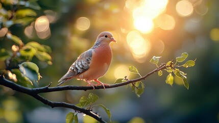 Obraz premium A light pink dove perched on a tree branch with the sun setting in the background, creating a soft, warm glow.