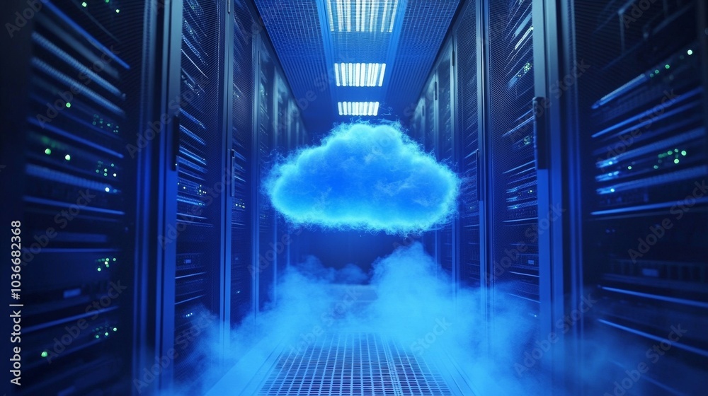 Poster cloud technology. a blue cloud hovering in a server room, symbolizing digital transformation
