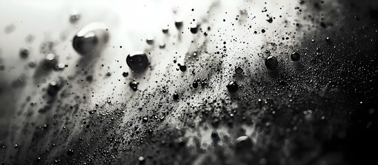 Abstract close-up of water droplets on a dark surface, creating a dramatic contrast. The interplay of light and shadow adds depth and texture to the image.