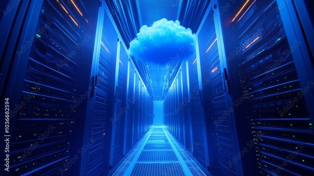 Poster cloud technology. a blue cloud hovering in a server room, symbolizing digital transformation