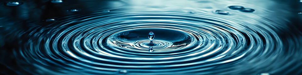 A blue raindrop is captured in a photo. The water droplet is surrounded by a circle of ripples, and the image conveys a sense of calm and tranquility