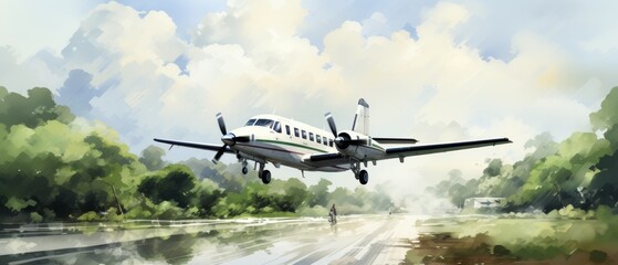 Watercolor Aircraft Landing on National Aviation Day