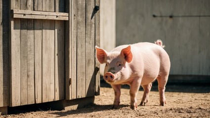 Pig Standing Near Barn Door in Farm Setting.