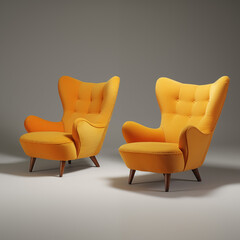 A sleek, modern yellow,black and white armchairs with clean lines and soft beige upholstery, placed in a bright white room with minimal decor