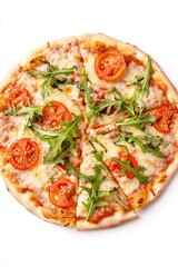 Freshly baked pizza with tomatoes and arugula topping