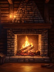 Cozy Rustic Fireplace with Crackling Flames and Warm Chiaroscuro Lighting in Cabin Interior