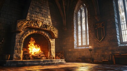 Fototapeta premium Majestic Medieval Castle Fireplace with Crackling Blaze in Grand Hall