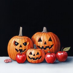 Watercolor Halloween concept with candy apple and pumpkin. A vibrant Halloween scene featuring three carved pumpkins with different expressions and red apples set against a dark background