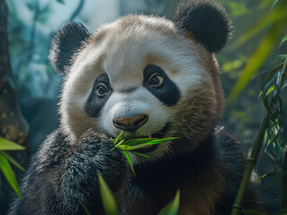 Panda Delightfully Munching on Bamboo, Showcasing Its Adorable Appetite