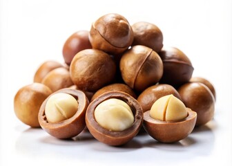Fresh macadamia nuts isolated on a white background, ideal for culinary creations, health foods, and nut-based products in recipes and design projects. Perfect for diverse uses.