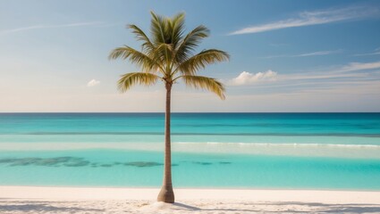 Lone Tree on a Tropical Beach with Turquoise Water and White Sand.