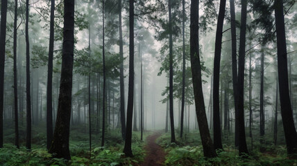 Fototapeta premium A serene view of a foggy evergreen forest, where towering fir trees create a tranquil, dreamlike atmosphere.
